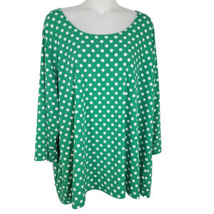 Susan Graver Top Women 2X Liquid Knit U-Neck Dot Print 3/4 Sleeves Green Stretch